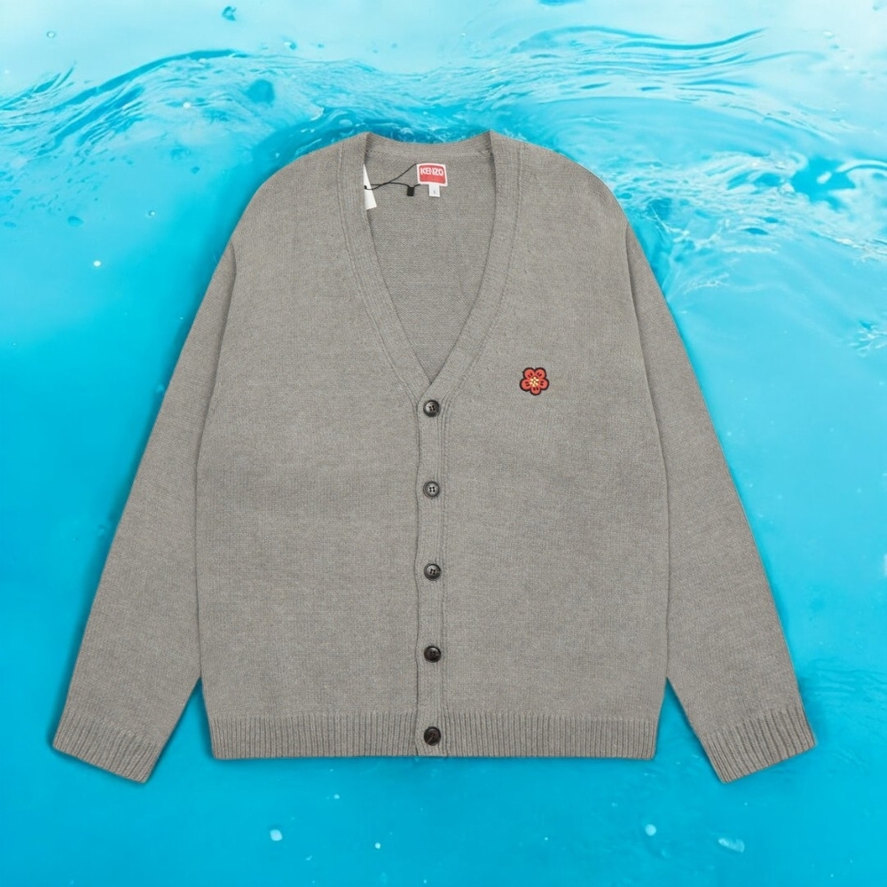 Kenzo Gray V-Neck Cardigan with Embroidered Patch